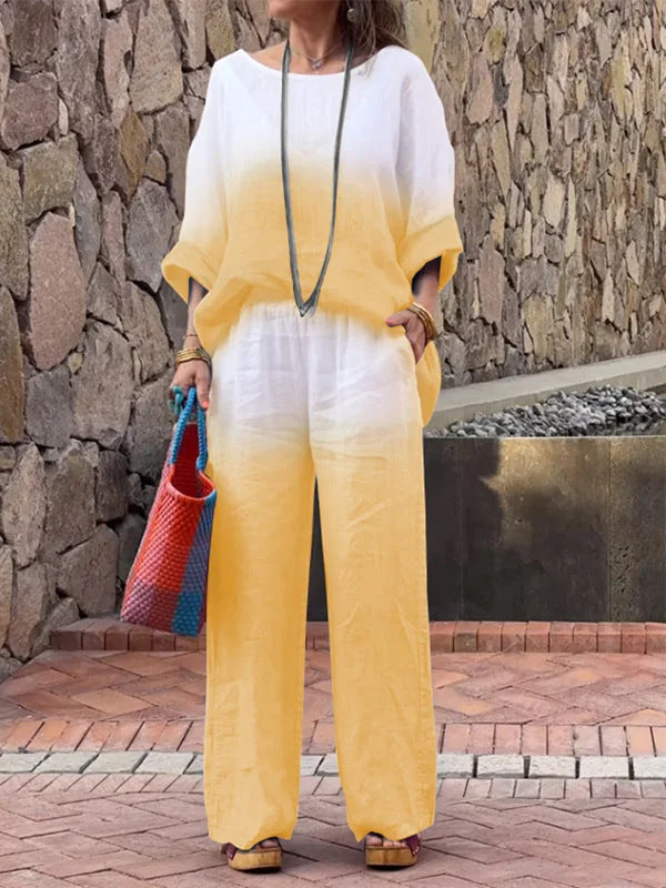 Casual linen outfit for women with wide pants and loose blouse Lune London