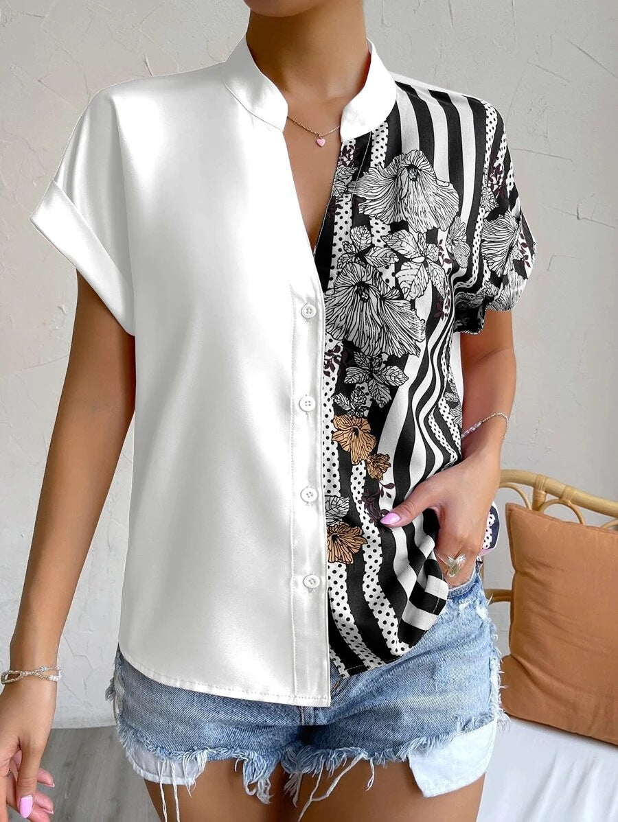 Elegant button blouse for women with floral patchwork Lune London