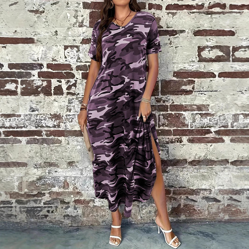 Maxi dress for women with a modern camouflage design and practical pockets Lune London