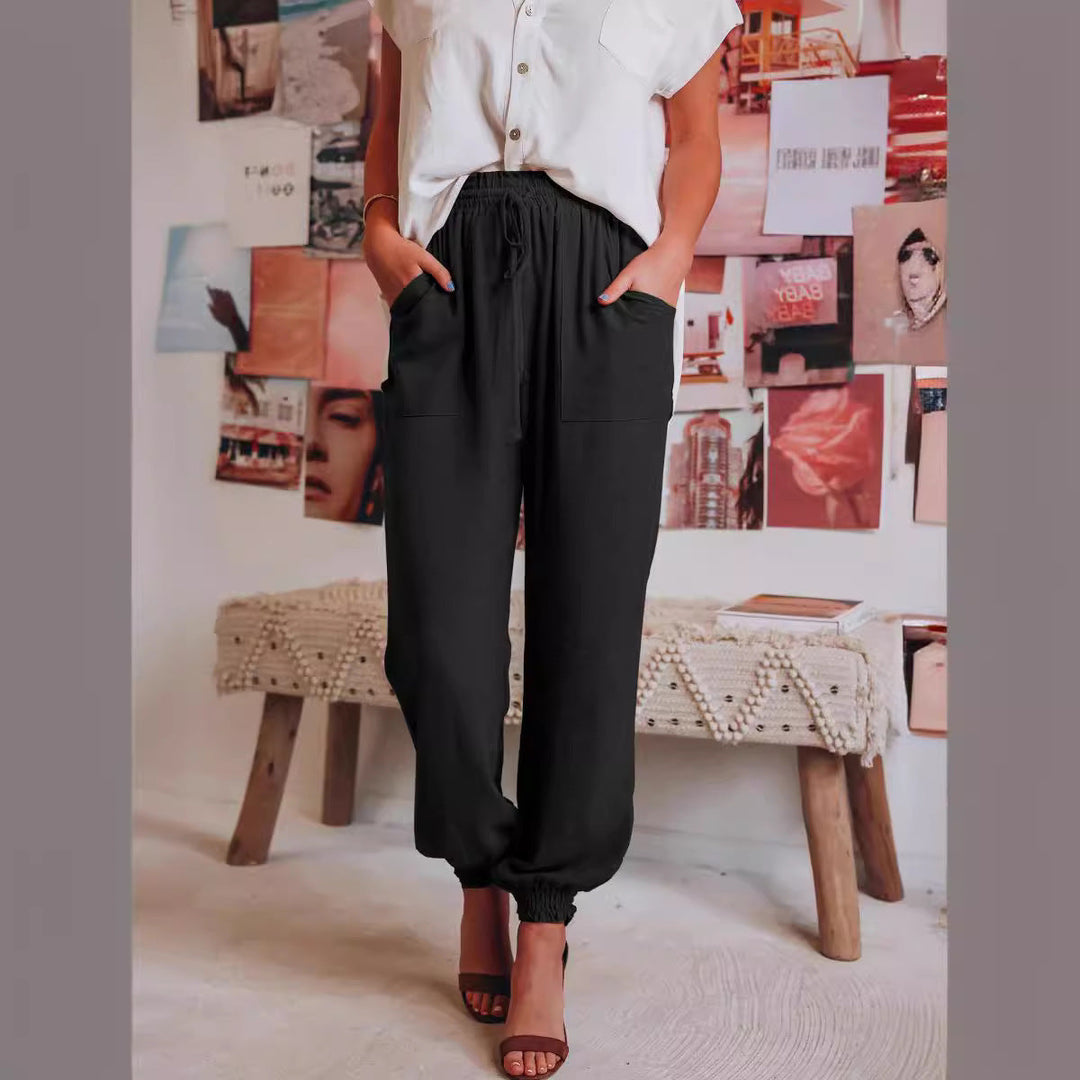 Comfortable harem pants for women with elastic waist and practical pockets Lune London