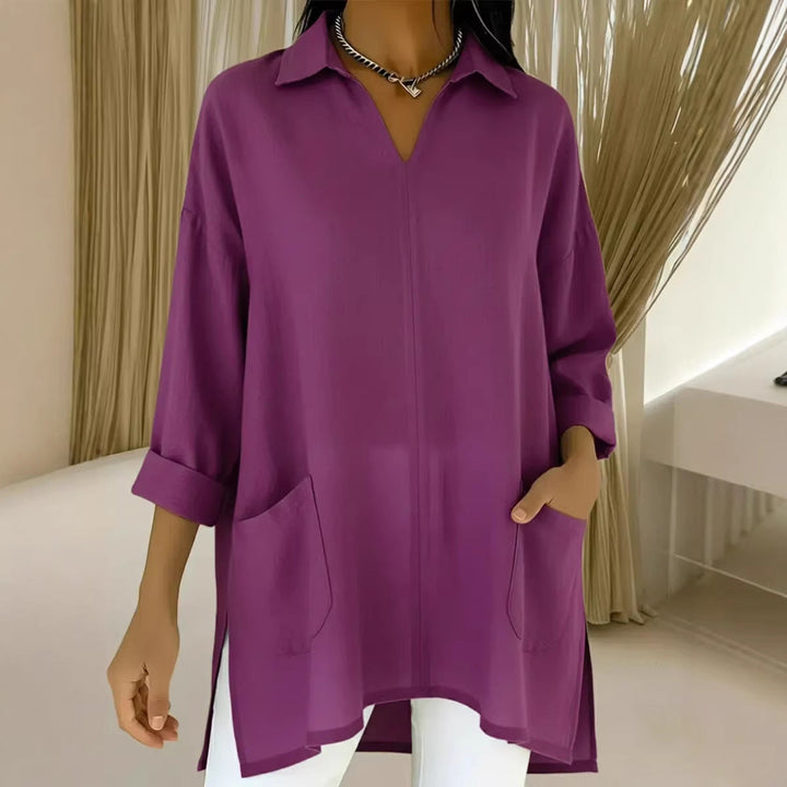 Women's long sleeve blouse with elegant V-neckline and practical pockets Lune London