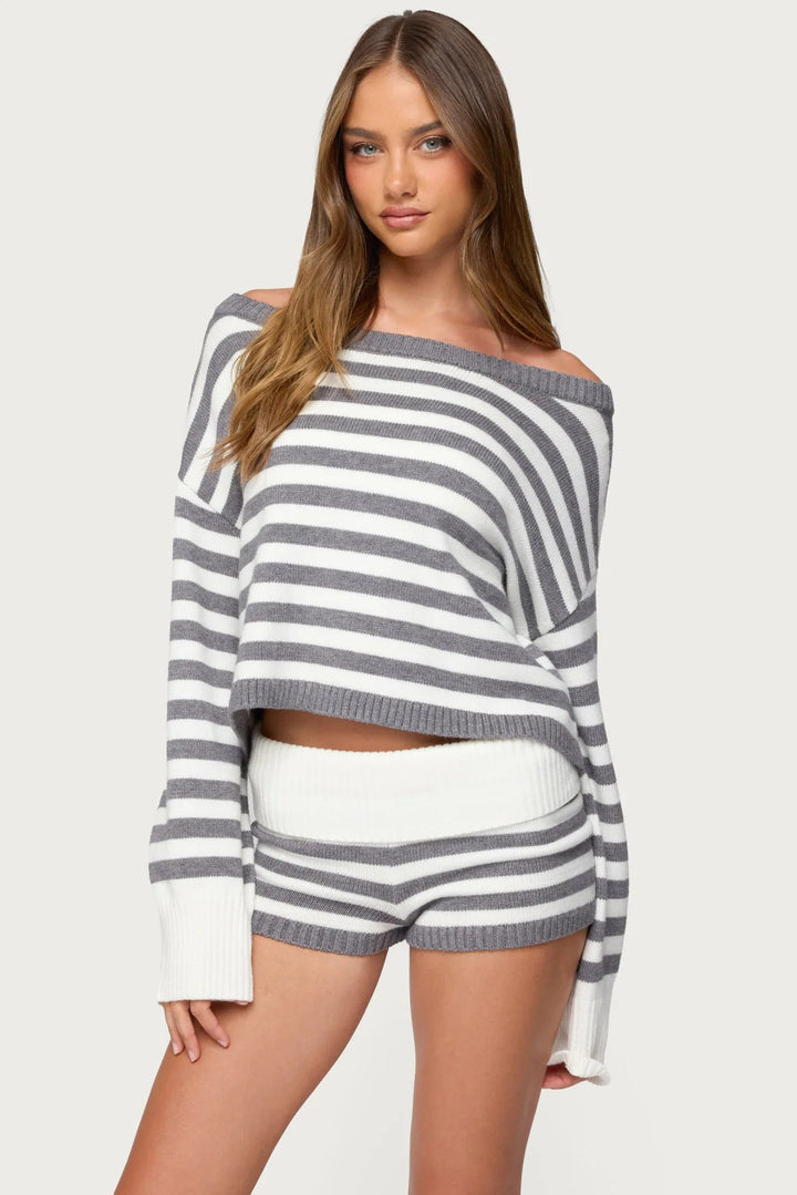 Women's casual cropped knit set with delicate stripes and loose fit