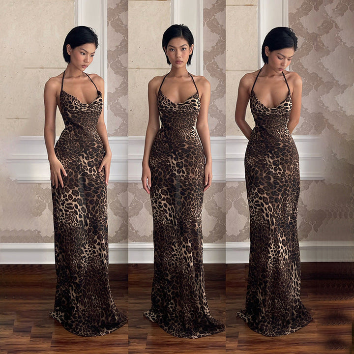 Ladies Elegant Maxi Dress Leopard Print Backless Chic and Style