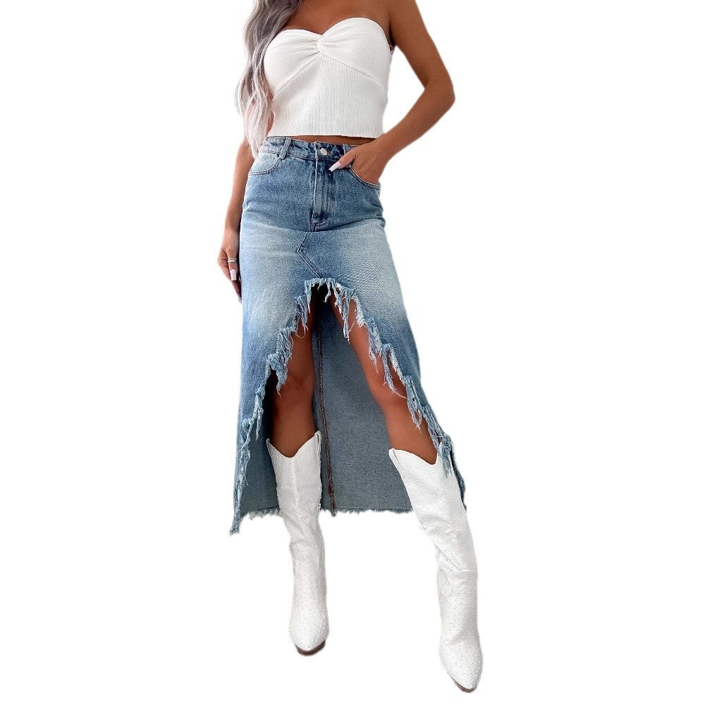 Women's mid-length denim skirt with partially frayed hem and high slit