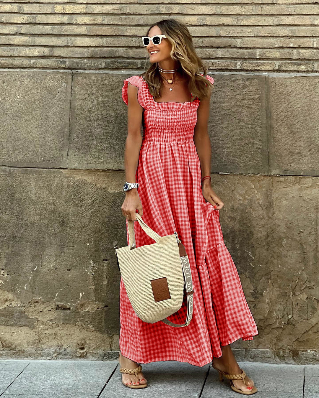 Checked maxi dress for women with frill hems Lune London