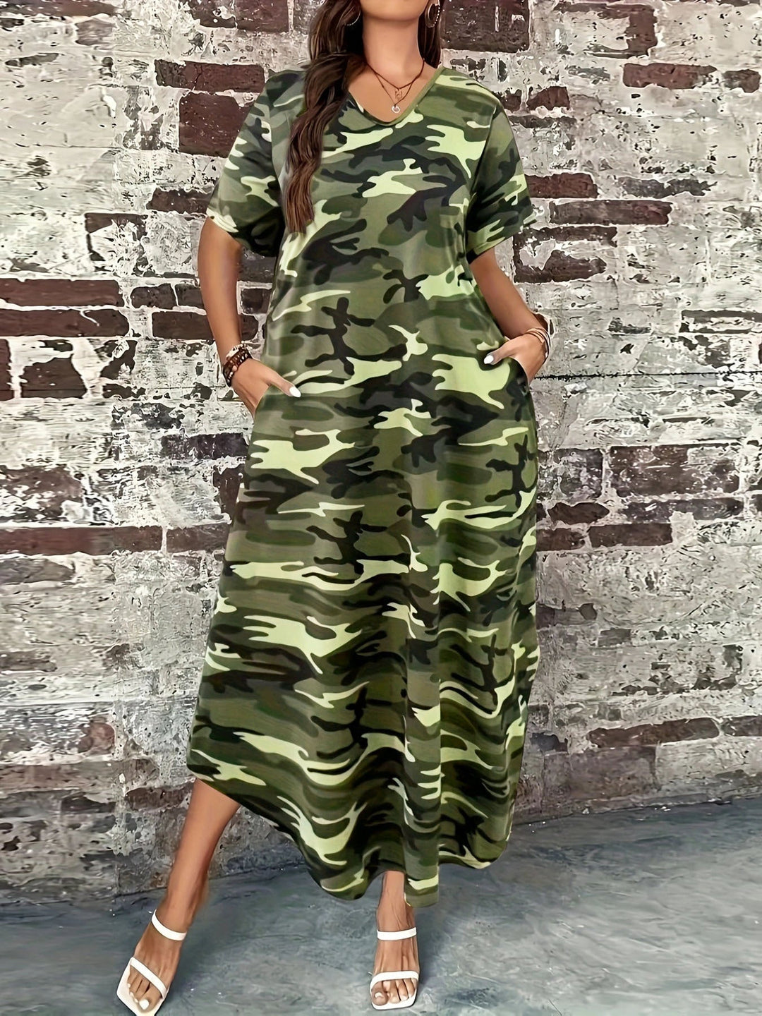 Maxi dress for women with a modern camouflage design and practical pockets Lune London