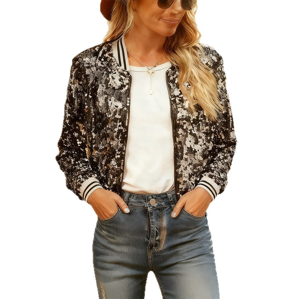 Women Glittering Sequin Bomber Jacket with Contrasting Stripes Lune London