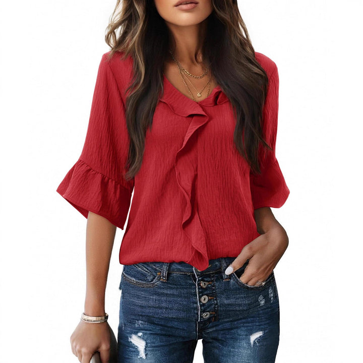 Women's Airy Blouse Shirt with Ruffle Details and V-Neck Lune London