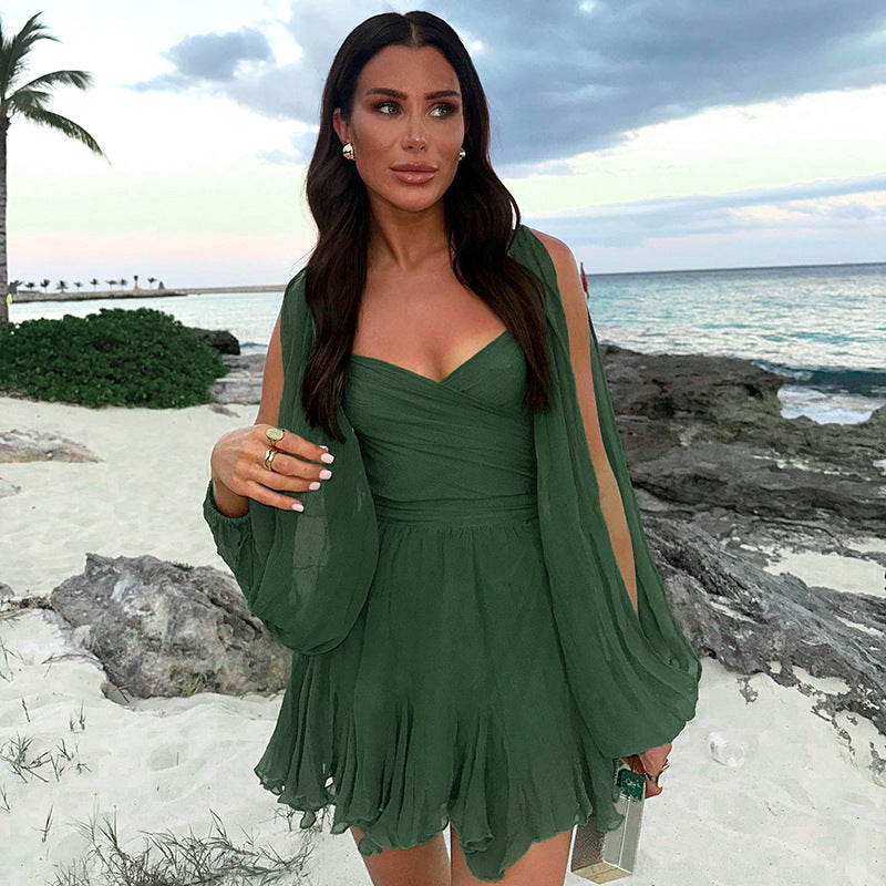 Women's Summer Dress with Long Sleeves, Fitted Waist and Flared Skirt