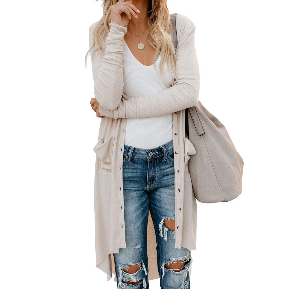 Ladies Long Knitted Cardigan with Button Closure and Practical Pockets Lune London