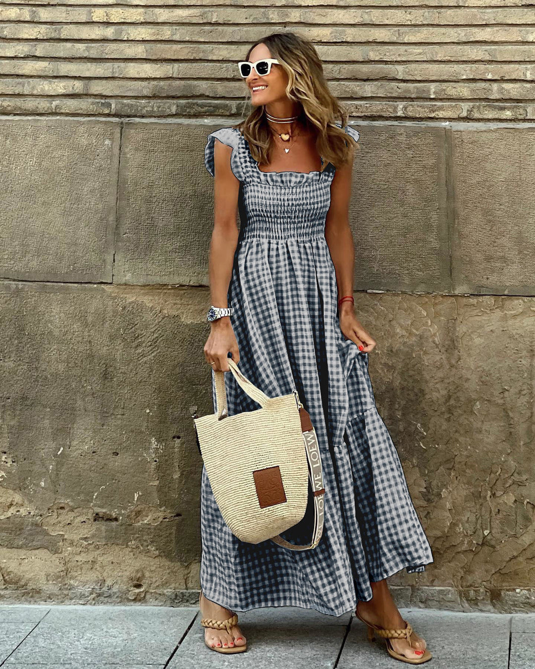 Checked maxi dress for women with frill hems Lune London