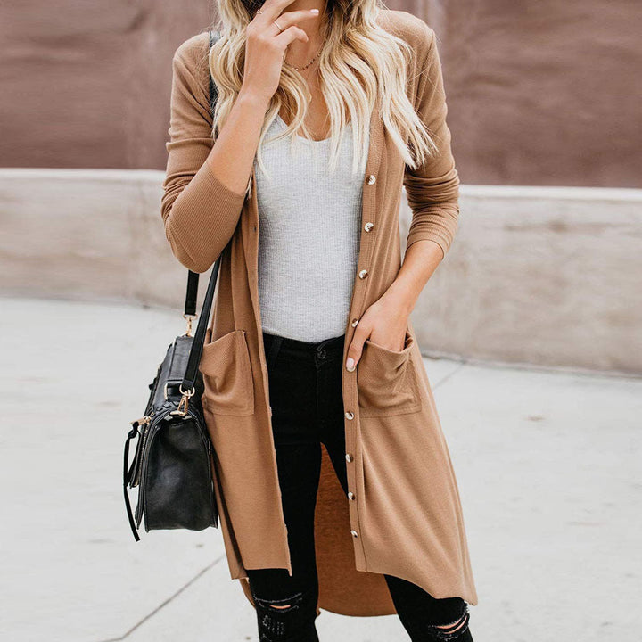 Ladies Long Knitted Cardigan with Button Closure and Practical Pockets Lune London
