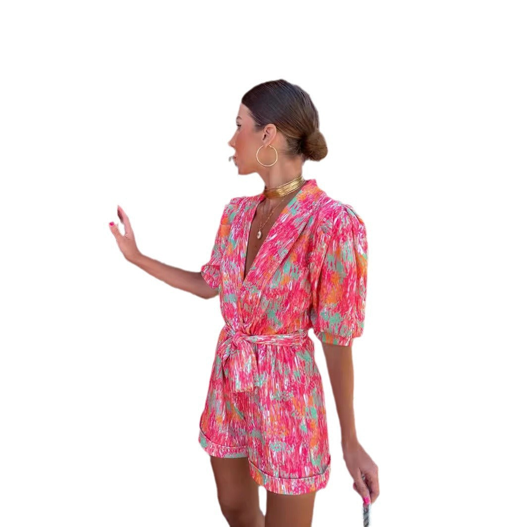 Women Elegant Jumpsuit with Deep V-Neck and Buttonable Belt Chic & Stil