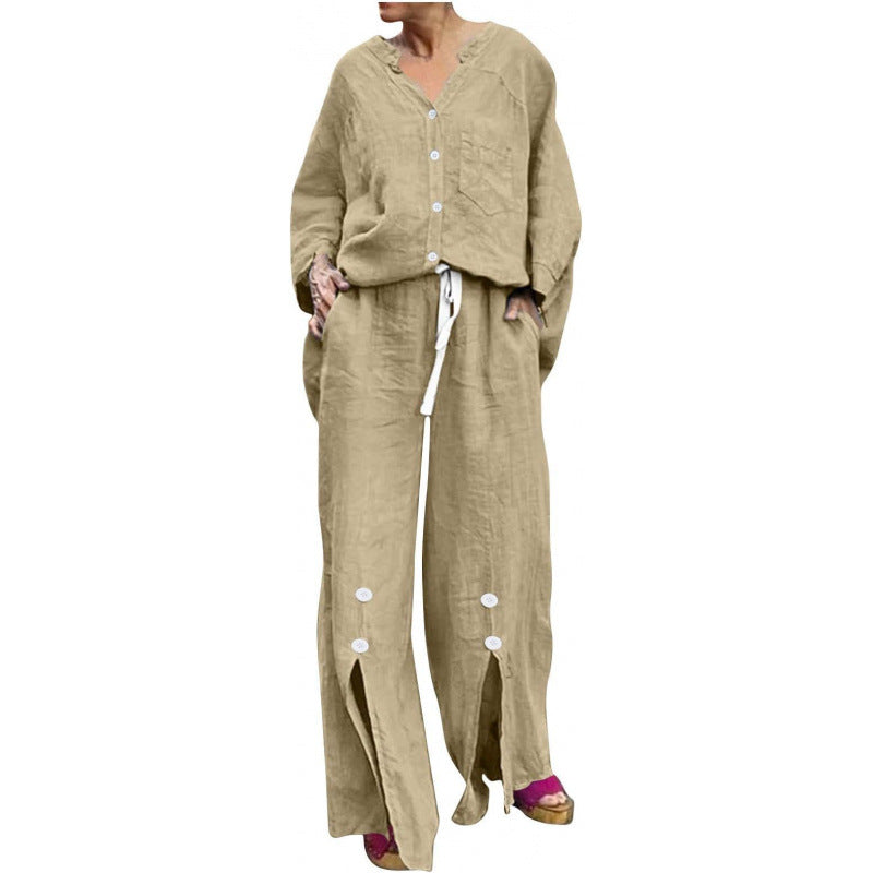 Women Casual Two-Piece Linen Set with Button Closure and Side Slits Lune London