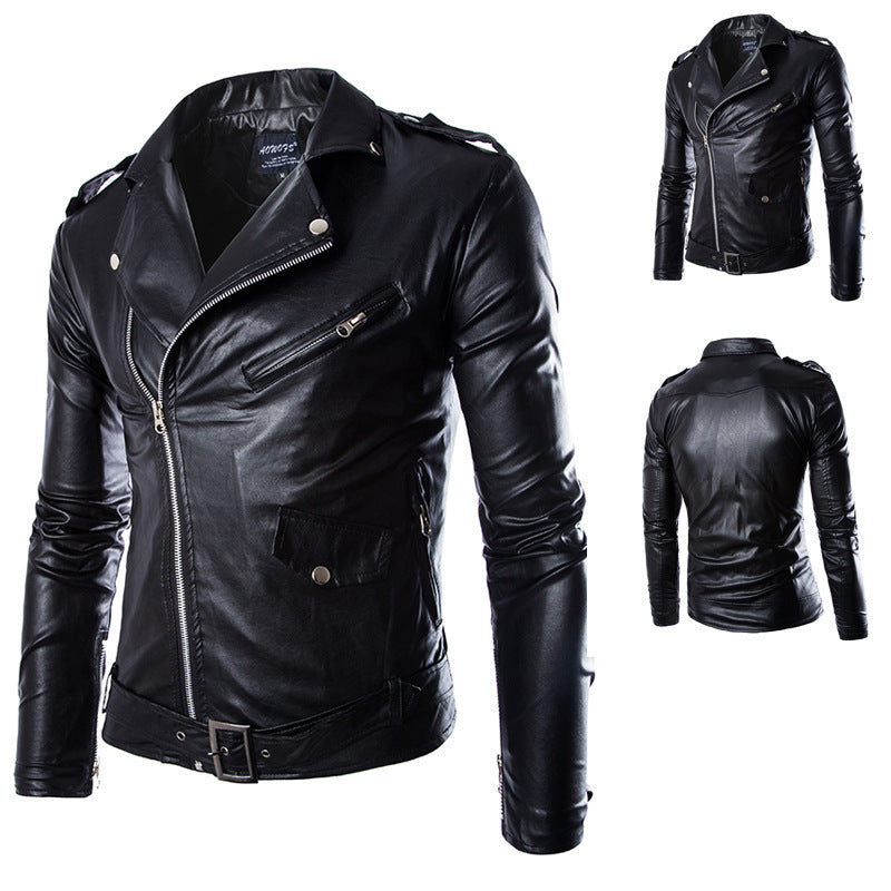 Men's leather biker jacket with asymmetrical zipper and practical pockets Lune London