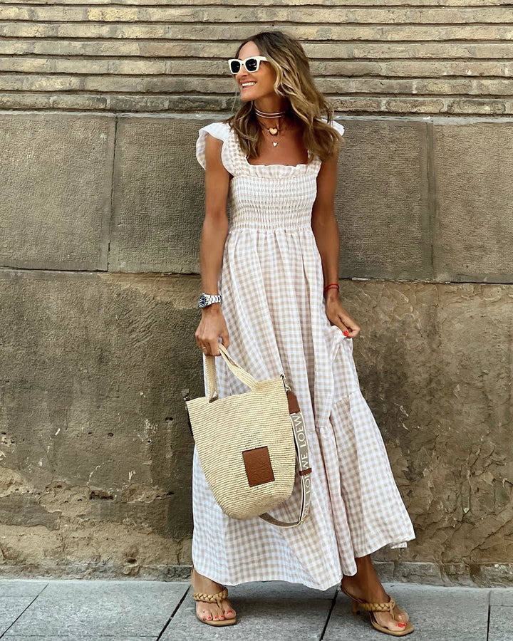 Checked maxi dress for women with frill hems Lune London