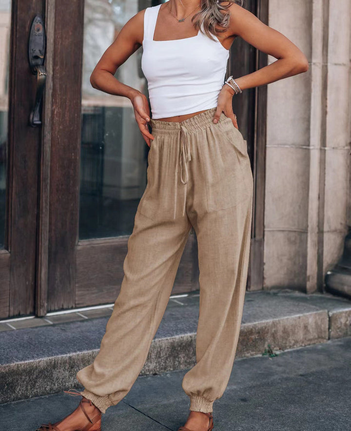Comfortable harem pants for women with elastic waist and practical pockets Lune London