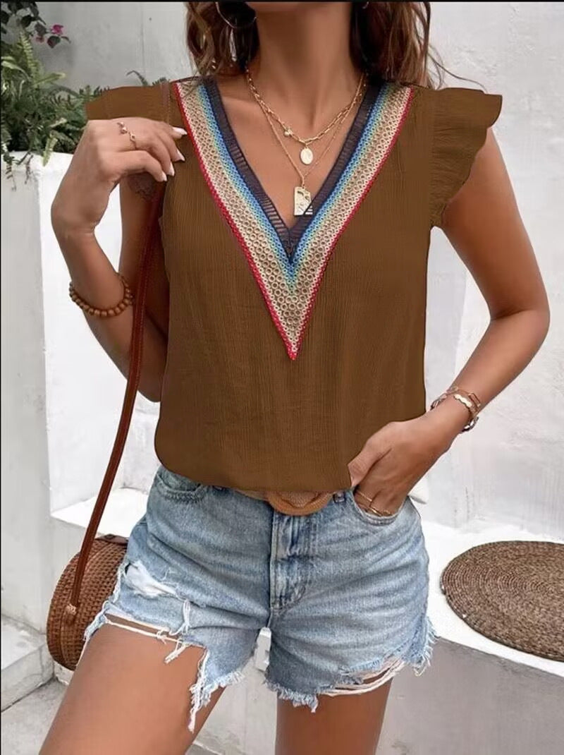 Ladies Boho Chic Top with Ruffled Neckline Lune London