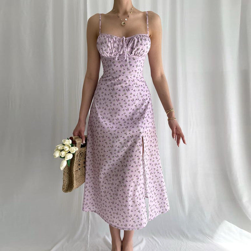 Maxi dress for women with floral pattern and adjustable tie front Lune London