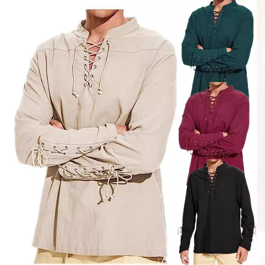 Men's long sleeve linen shirt with a modern lace-up design Lune London