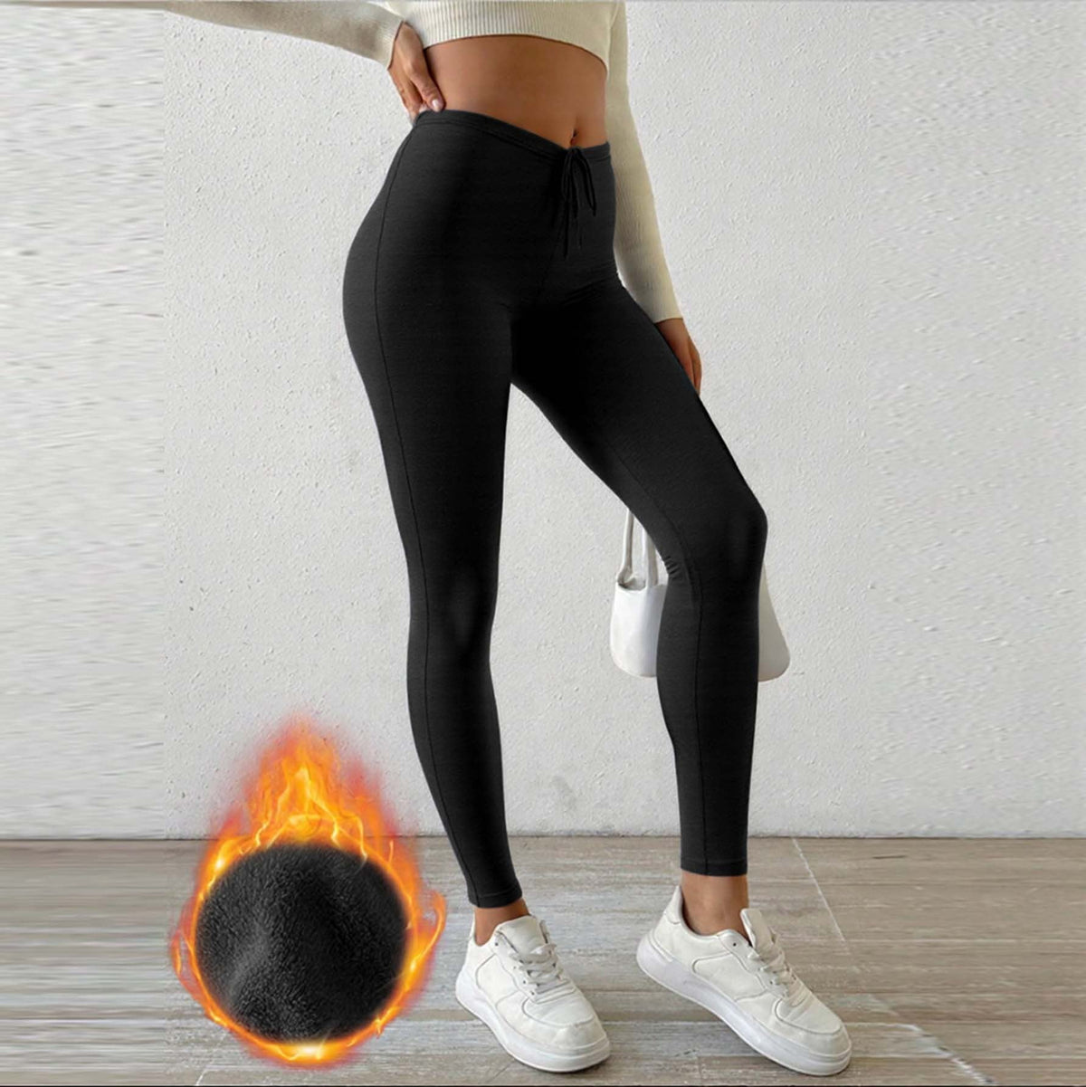 Women's Fleece-lined Leggings with High Waist and Drawstring