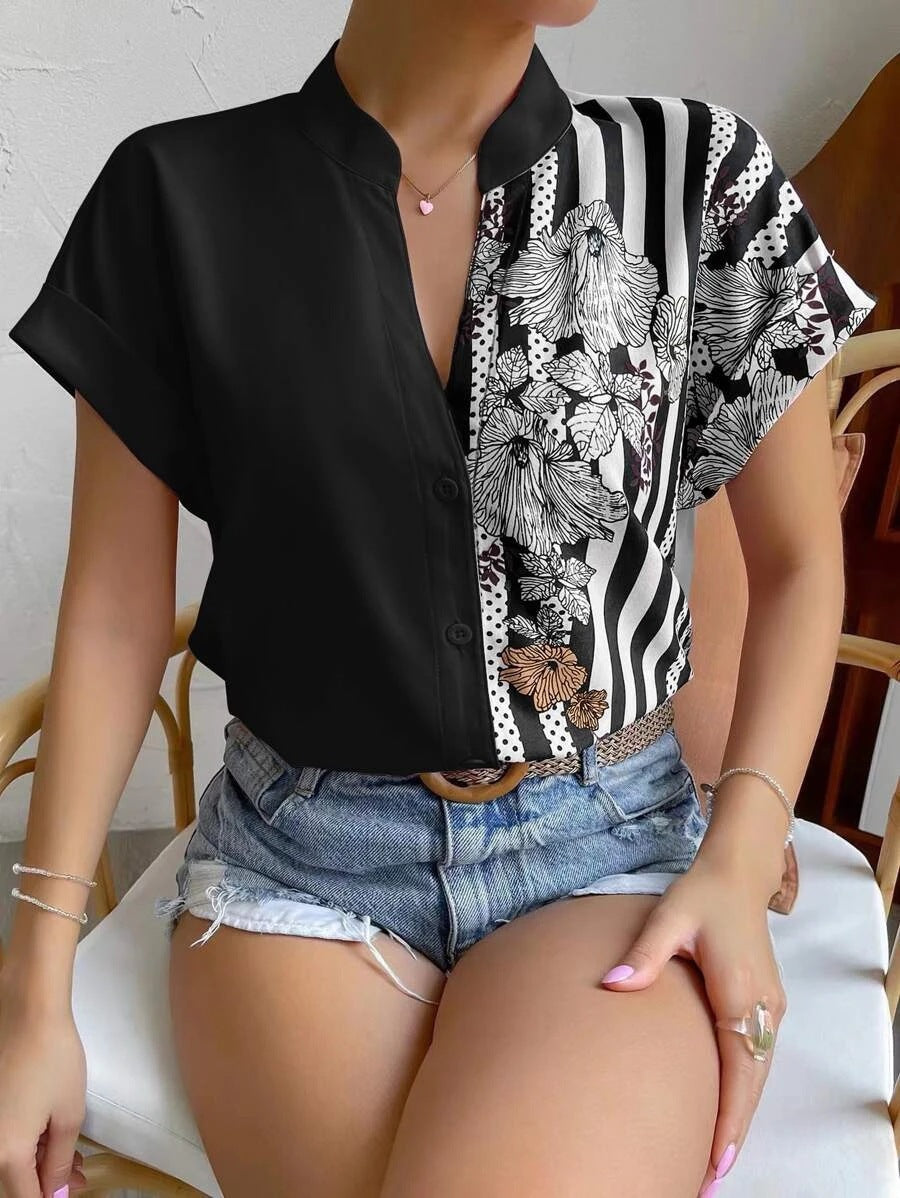 Elegant button blouse for women with floral patchwork Lune London