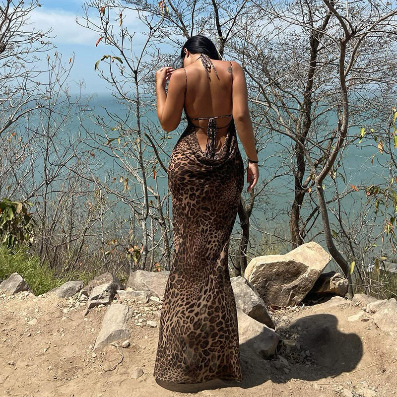 Ladies Elegant Maxi Dress Leopard Print Backless Chic and Style