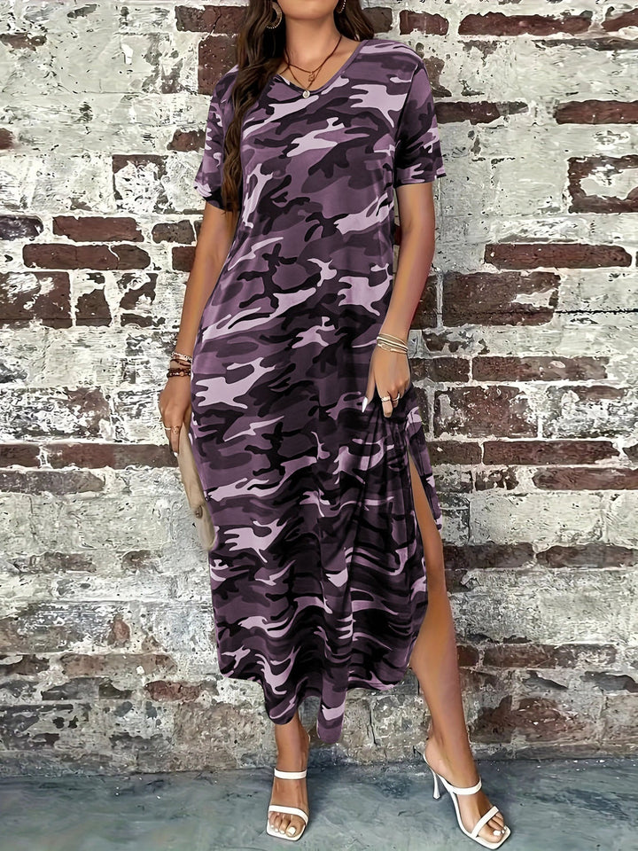 Maxi dress for women with a modern camouflage design and practical pockets Lune London