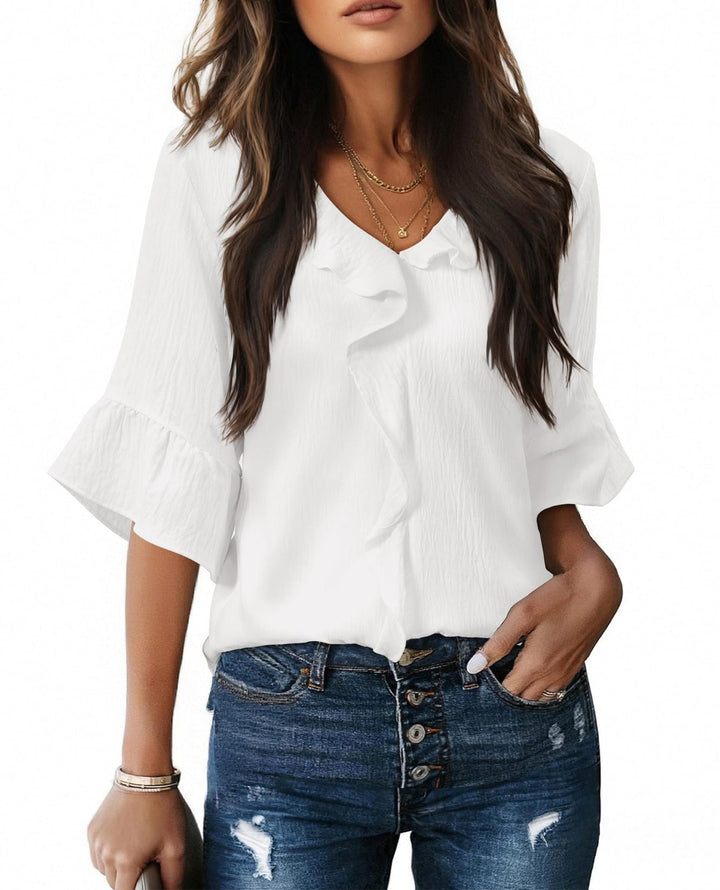 Women's Airy Blouse Shirt with Ruffle Details and V-Neck Lune London