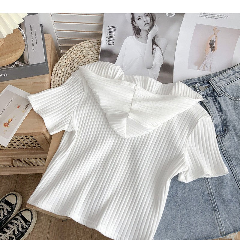 Women's Short Sleeve Hoodie Zip-Up Top with Rib Texture Chic und Stil