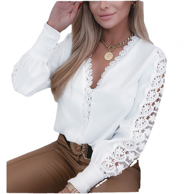 Elegant women's blouse with lace sleeves and deep V-neck Lune London