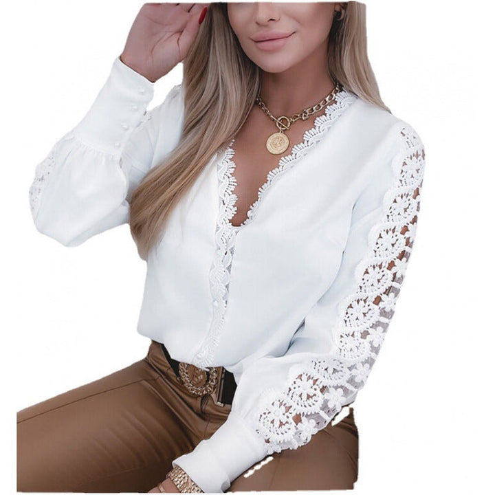 Elegant women's blouse with lace sleeves and deep V-neck Lune London