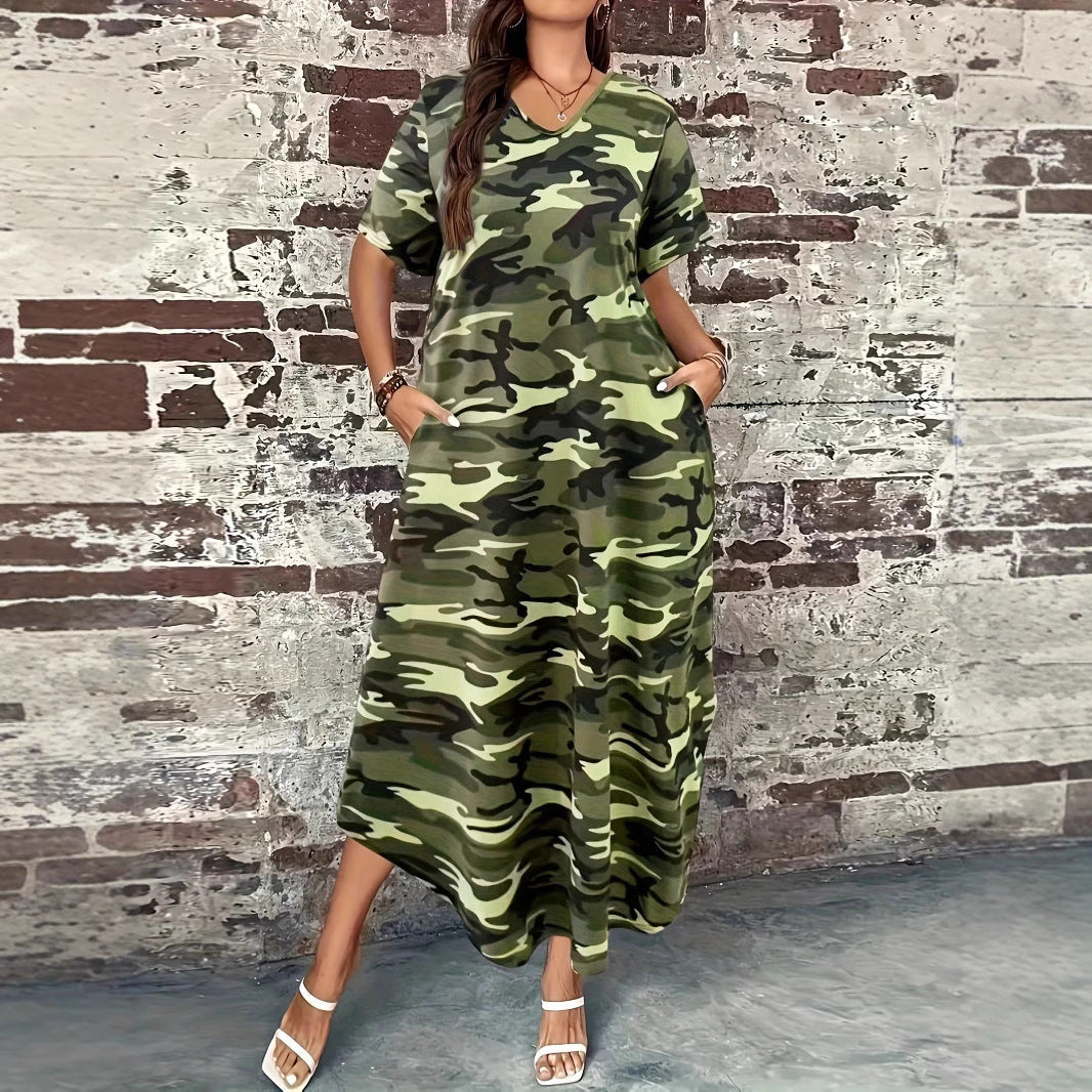 Maxi dress for women with a modern camouflage design and practical pockets Lune London