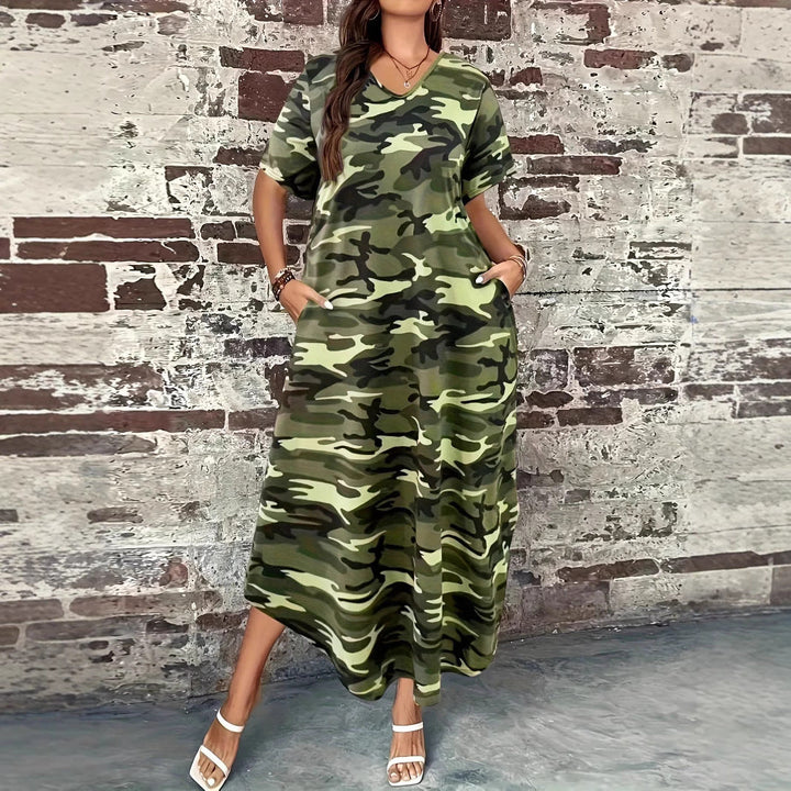 Maxi dress for women with a modern camouflage design and practical pockets Lune London