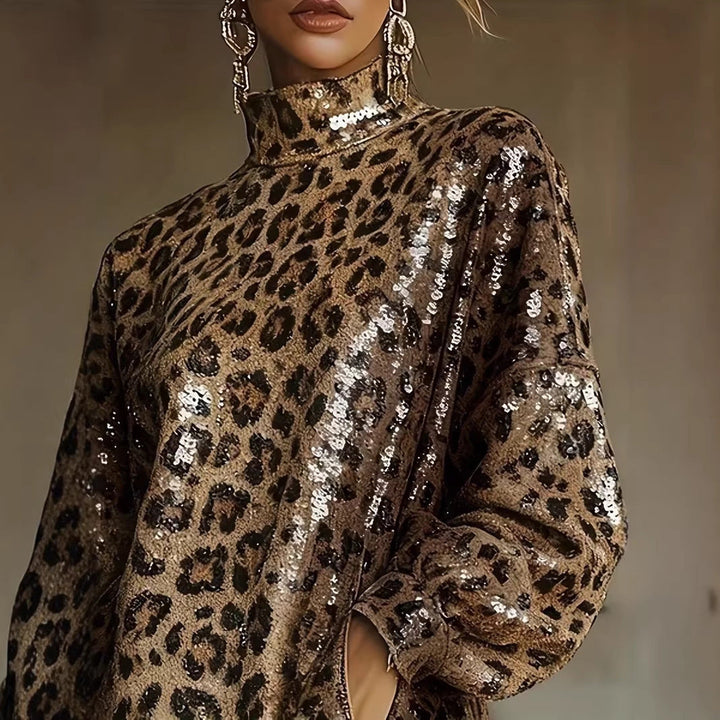 Women Glittering Short Dress with Leopard Pattern and Fringes Chic & Stil