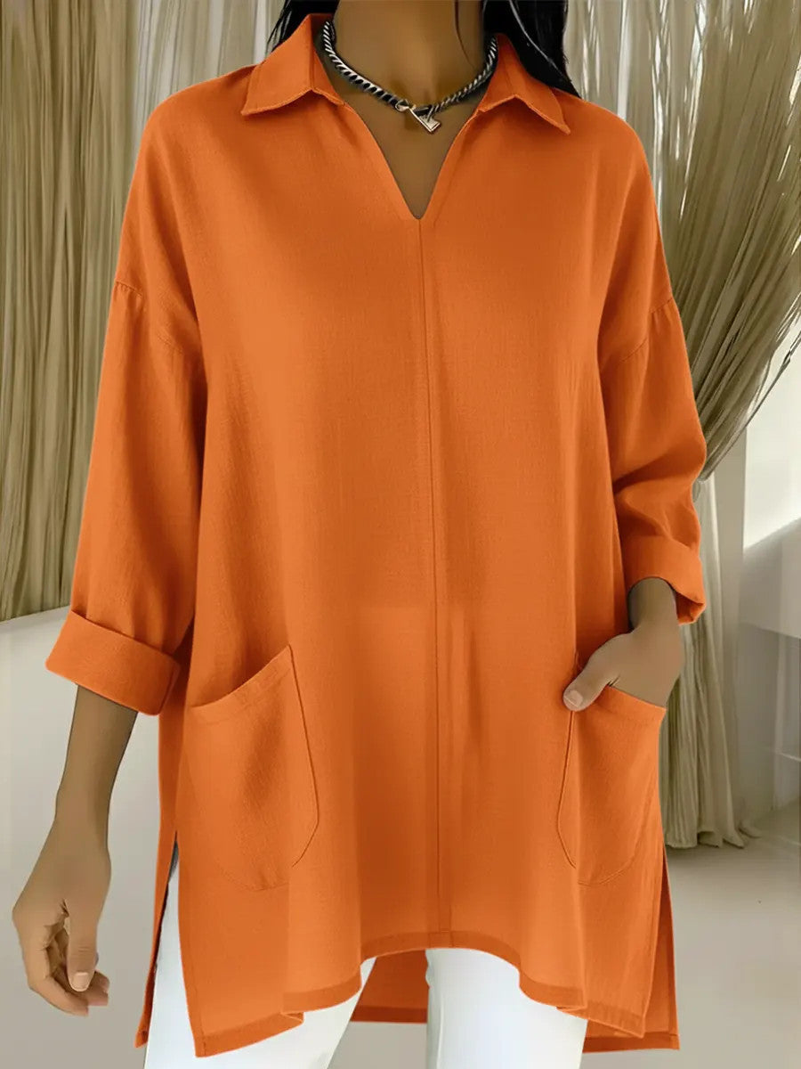 Women's long sleeve blouse with elegant V-neckline and practical pockets Lune London