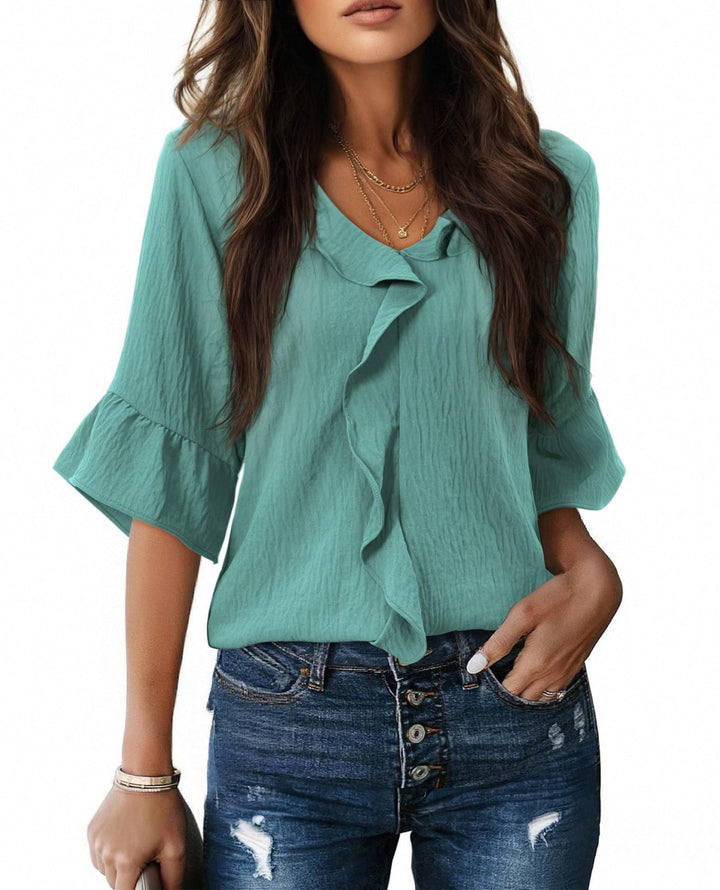 Women's Airy Blouse Shirt with Ruffle Details and V-Neck Lune London