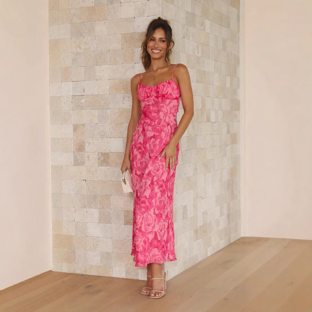Women's maxi dress with floral watercolor design and adjustable straps