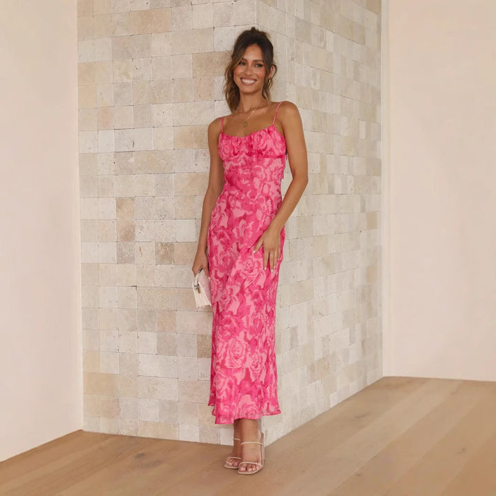 Women's maxi dress with floral watercolor design and adjustable straps