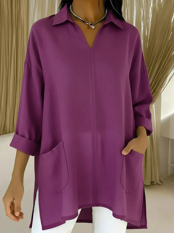 Women's long sleeve blouse with elegant V-neckline and practical pockets Lune London