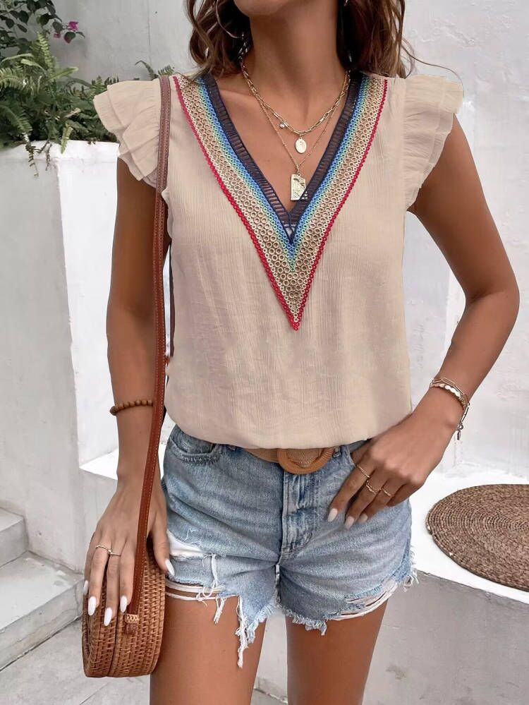 Ladies Boho Chic Top with Ruffled Neckline Lune London