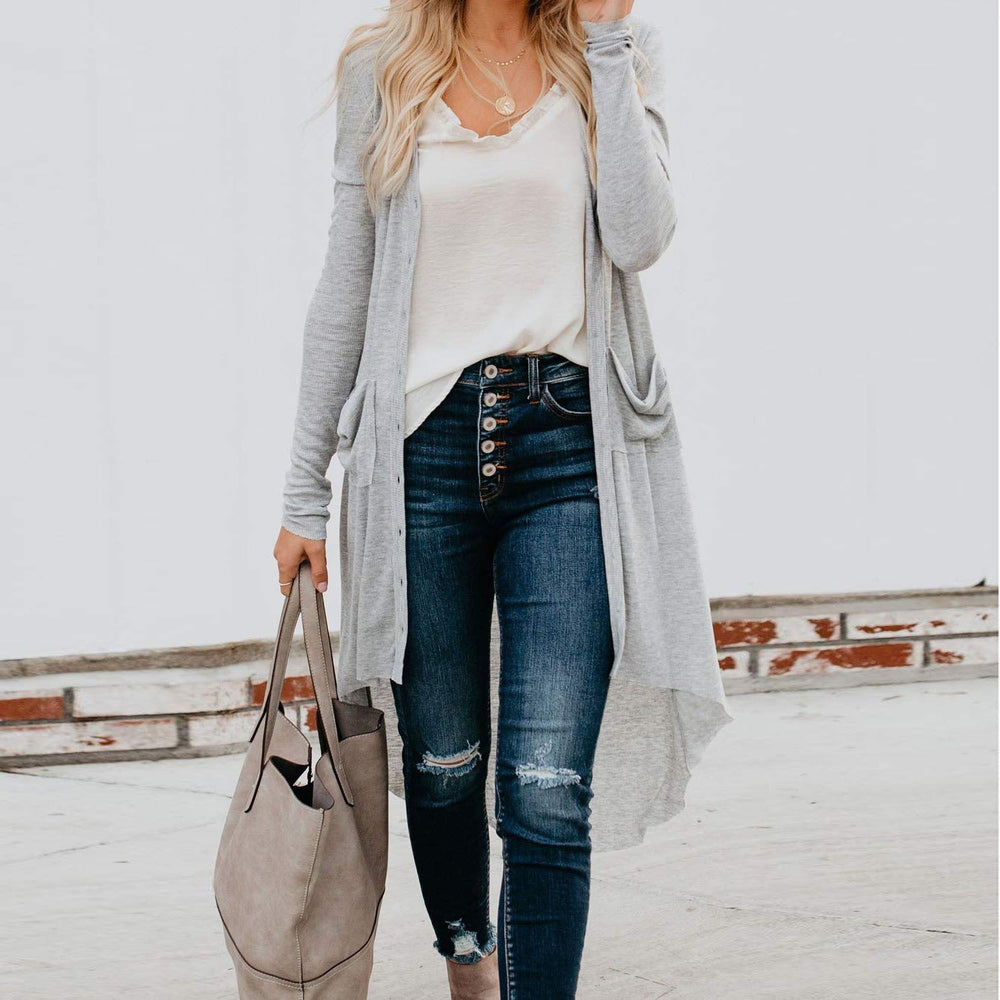 Ladies Long Knitted Cardigan with Button Closure and Practical Pockets Lune London