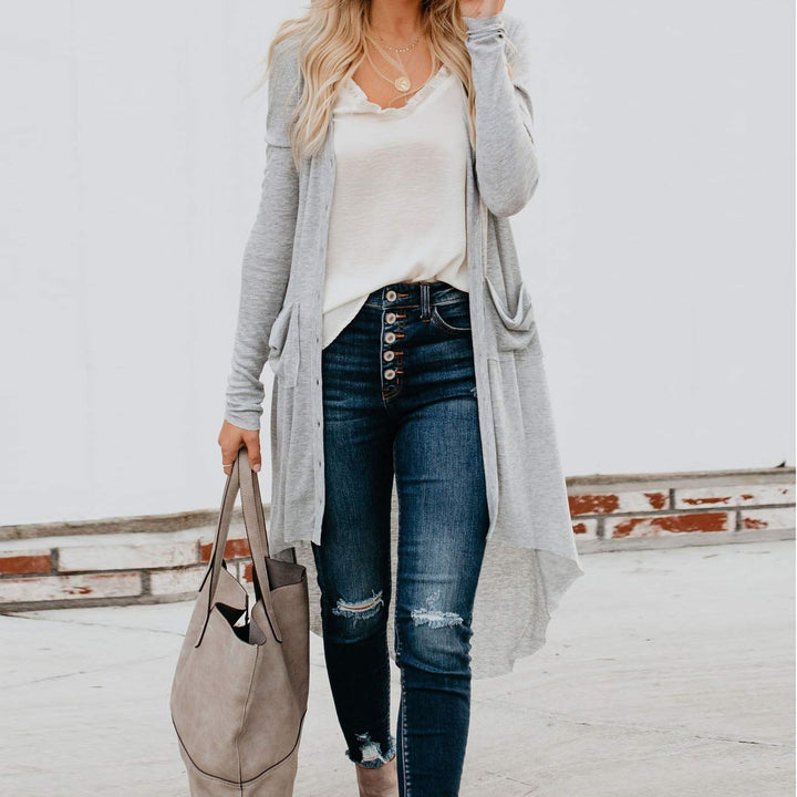 Ladies Long Knitted Cardigan with Button Closure and Practical Pockets Lune London