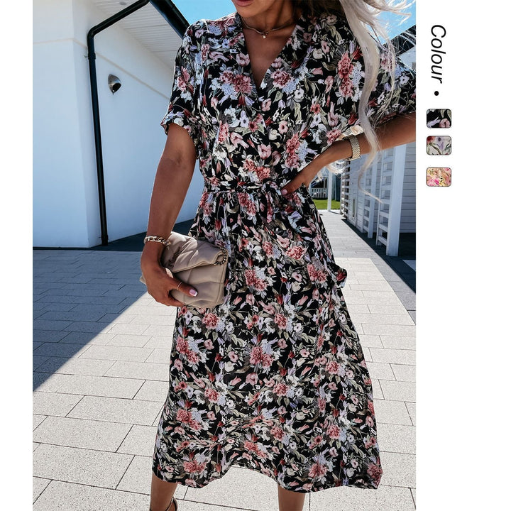 Women's wrap dress with floral pattern and waist belt