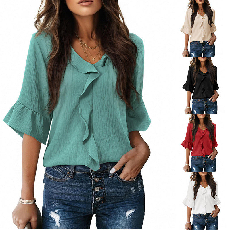 Women's Airy Blouse Shirt with Ruffle Details and V-Neck Lune London