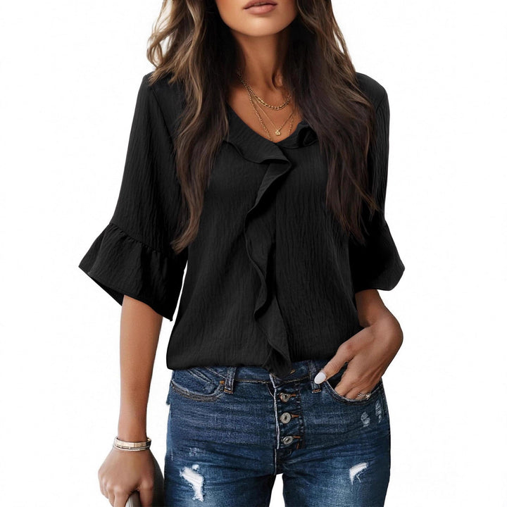 Women's Airy Blouse Shirt with Ruffle Details and V-Neck Lune London
