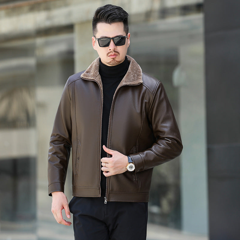 Men's leather jacket with soft fleece collar Chic and Style