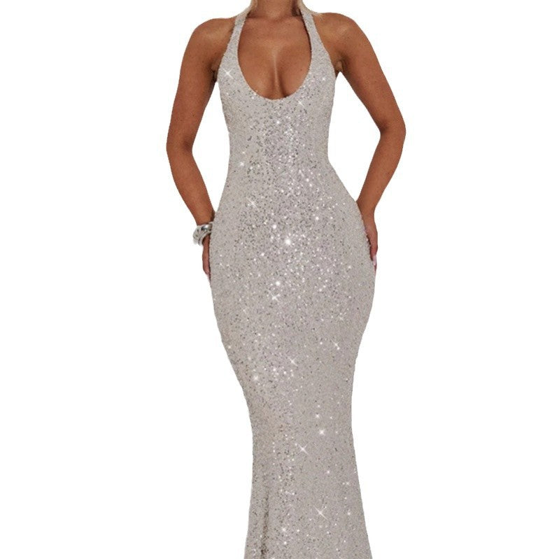 Women's Glamorous Sequin Maxi Dress with Deep V-Neck and Slim Fit