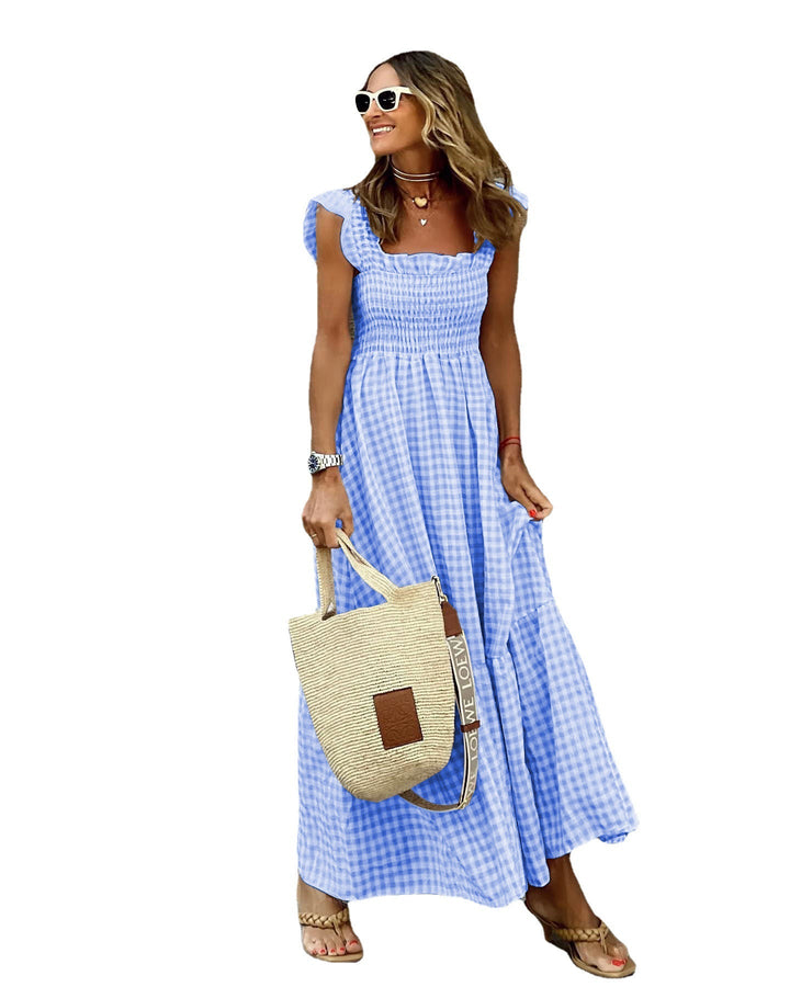 Checked maxi dress for women with frill hems Lune London