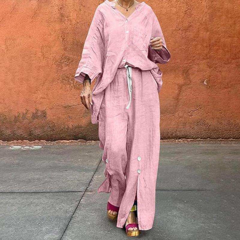 Women Casual Two-Piece Linen Set with Button Closure and Side Slits Lune London